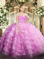 Floor Length Rose Pink Sweet 16 Dress Tulle Sleeveless Beading and Lace and Ruffled Layers