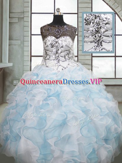 Artistic Blue And White Sleeveless Floor Length Beading and Ruffles Lace Up Quince Ball Gowns - Click Image to Close
