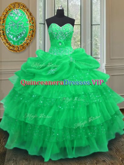 Hot Sale Organza Halter Top Sleeveless Lace Up Beading and Ruffled Layers and Pick Ups Sweet 16 Dress in Green - Click Image to Close