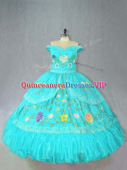 Inexpensive Aqua Blue Sweet 16 Dresses Sweet 16 and Quinceanera with Embroidery Off The Shoulder Sleeveless Lace Up - Click Image to Close