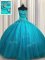 Sequined Teal Sleeveless Floor Length Beading and Appliques Lace Up Quinceanera Dress