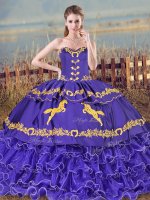 Purple Quince Ball Gowns Sweet 16 and Quinceanera with Embroidery and Ruffled Layers Sweetheart Sleeveless Brush Train Lace Up