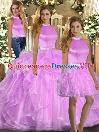 Shining Beading and Ruffles Quinceanera Gown Lilac Lace Up Sleeveless Floor Length