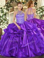 High End Organza Halter Top Sleeveless Lace Up Beading and Embroidery and Ruffles Ball Gown Prom Dress in Purple