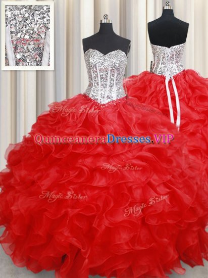 Nice Red Lace Up 15 Quinceanera Dress Beading and Ruffles Sleeveless Floor Length - Click Image to Close