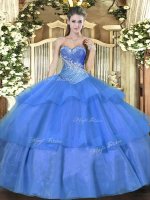 Dramatic Tulle Sweetheart Sleeveless Lace Up Beading and Ruffled Layers Court Dresses for Sweet 16 in Blue