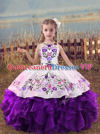 Embroidery and Ruffles Kids Formal Wear Purple Lace Up Sleeveless Floor Length