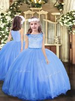 Blue Zipper Little Girls Pageant Dress Lace Sleeveless Floor Length
