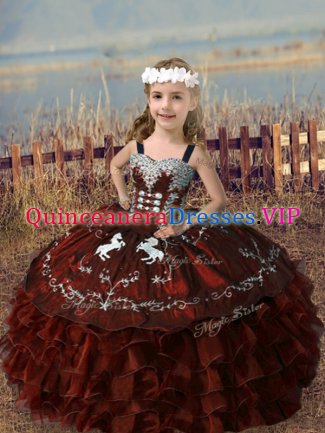 Rust Red Little Girls Pageant Dress Wholesale Wedding Party with Embroidery and Ruffled Layers Straps Sleeveless Lace Up