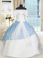 Sumptuous Off The Shoulder Long Sleeves Sweet 16 Dresses Floor Length Lace and Bowknot Blue And White Taffeta(SKU PSSW0369BIZ)