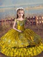 Sleeveless Satin and Organza Floor Length Lace Up Little Girl Pageant Gowns in Brown with Embroidery and Ruffled Layers