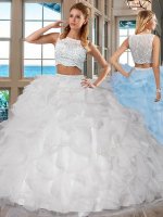 Sleeveless Organza Floor Length Side Zipper Sweet 16 Dress in White with Beading and Ruffles