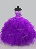 Purple Tulle Lace Up Sweetheart Sleeveless Floor Length Quinceanera Gown Beading and Ruffles