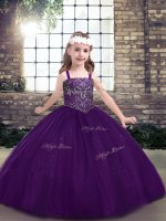 Tulle Straps Sleeveless Lace Up Beading Pageant Gowns in Eggplant Purple