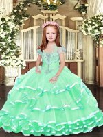 Discount Apple Green Tulle Lace Up Straps Sleeveless Floor Length Little Girls Pageant Gowns Beading and Ruffled Layers