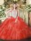 Coral Red Scoop Zipper Beading and Ruffles Ball Gown Prom Dress Sleeveless