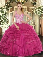 Floor Length Lace Up Quinceanera Dress Hot Pink for Sweet 16 and Quinceanera with Beading and Appliques and Ruffles(SKU SJQDDT1172002-3BIZ)