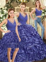 Brush Train Ball Gowns Ball Gown Prom Dress Lavender V-neck Organza Sleeveless Floor Length Backless(SKU SJQDDT1837007BIZ)