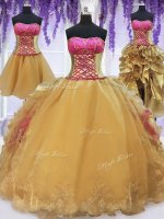 Spectacular Four Piece Strapless Sleeveless Quinceanera Dresses With Brush Train Beading and Lace and Ruffles Hot Pink and Gold Organza and Taffeta