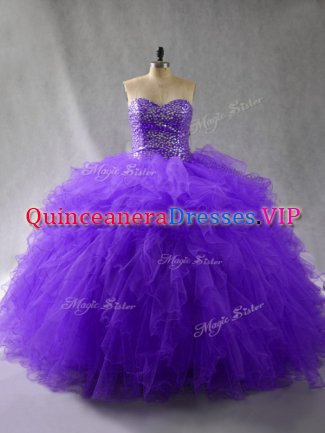 Purple Sleeveless Floor Length Beading and Ruffles Lace Up Quince Ball Gowns