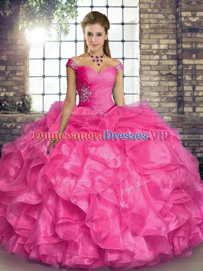 Floor Length Ball Gowns Sleeveless Hot Pink Sweet 16 Dresses Lace Up - Click Image to Close