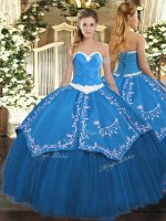 Fancy Blue Ball Gown Prom Dress Military Ball and Sweet 16 and Quinceanera with Appliques and Embroidery Sweetheart Sleeveless Lace Up
