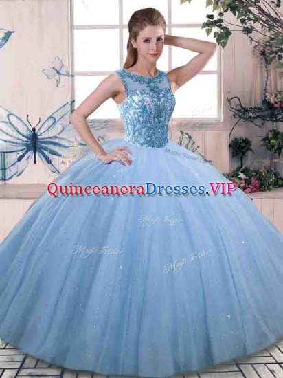 Top Selling Blue Scoop Neckline Beading Sweet 16 Dress Sleeveless Lace Up - Click Image to Close