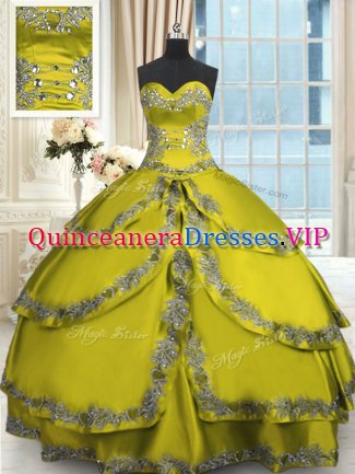 Fashion Beading and Appliques and Ruffled Layers Quinceanera Dress Olive Green Lace Up Sleeveless Floor Length