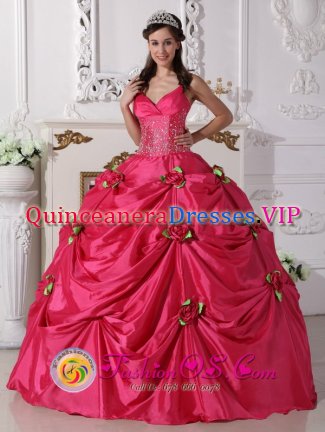 Hand Made Rose with Beading Spaghetti Straps Customize Hot Pink Quinceanera Gowns For Sweet 16 In Sulphur Oklahoma/OK