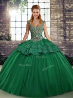 Amazing Straps Sleeveless Quinceanera Dresses Floor Length Beading and Appliques Green Tulle