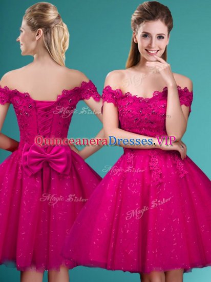 Knee Length Fuchsia Court Dresses for Sweet 16 Tulle Cap Sleeves Lace and Belt - Click Image to Close