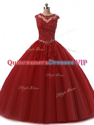 Traditional Wine Red Scoop Lace Up Beading and Lace Quinceanera Gown Sleeveless