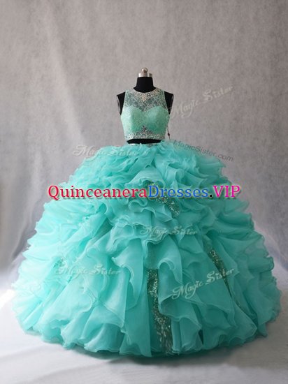 Admirable Aqua Blue Ball Gowns Organza Scoop Sleeveless Beading and Ruffles Zipper Ball Gown Prom Dress Brush Train - Click Image to Close