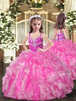 Beading and Ruffles Little Girl Pageant Gowns Rose Pink Lace Up Sleeveless Floor Length(SKU PAG1057BIZ)