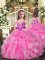 Beading and Ruffles Little Girl Pageant Gowns Rose Pink Lace Up Sleeveless Floor Length