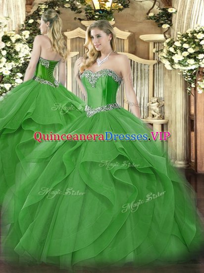 Floor Length Green Ball Gown Prom Dress Tulle Sleeveless Beading and Ruffles - Click Image to Close