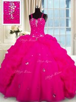 Fuchsia Spaghetti Straps Lace Up Beading Quince Ball Gowns Brush Train Sleeveless