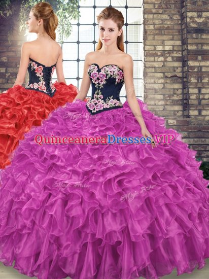 Fuchsia Lace Up Sweet 16 Quinceanera Dress Embroidery and Ruffles Sleeveless Sweep Train - Click Image to Close