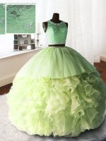 Sexy Yellow Green Ball Gowns Scoop Sleeveless Organza and Tulle and Lace With Brush Train Zipper Beading and Lace and Ruffles 15th Birthday Dress
