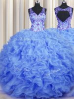 Best V Neck Blue Sleeveless Organza Zipper Quinceanera Dress for Military Ball and Sweet 16 and Quinceanera