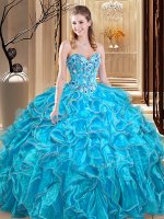 Teal Ball Gowns Sweetheart Sleeveless Organza Floor Length Lace Up Embroidery and Ruffles Ball Gown Prom Dress