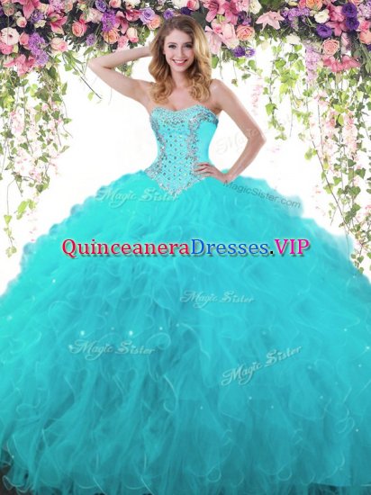 Inexpensive Teal Ball Gowns Organza and Tulle Sweetheart Sleeveless Beading and Ruffles Floor Length Lace Up Sweet 16 Dresses - Click Image to Close
