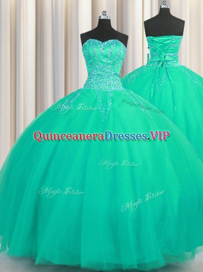 Really Puffy Turquoise Sleeveless Tulle Lace Up Ball Gown Prom Dress for Military Ball and Sweet 16 and Quinceanera - Click Image to Close