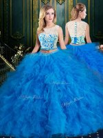 Scoop Blue Sleeveless Floor Length Lace and Ruffles Zipper Vestidos de Quinceanera(SKU SJQDDT945002A-1BIZ)