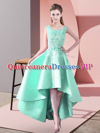 Colorful Apple Green A-line Lace Quinceanera Court Dresses Zipper Satin Sleeveless High Low