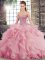 Unique Lace Up Quinceanera Dress Pink for Military Ball and Sweet 16 and Quinceanera with Beading and Ruffles Brush Train