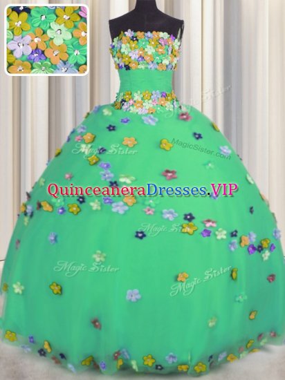 Charming Floor Length Turquoise 15th Birthday Dress Tulle Sleeveless Hand Made Flower - Click Image to Close