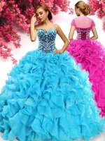Unique Aqua Blue Organza Lace Up Vestidos de Quinceanera Sleeveless Floor Length Beading and Ruffles(SKU YYPJ074BIZ)