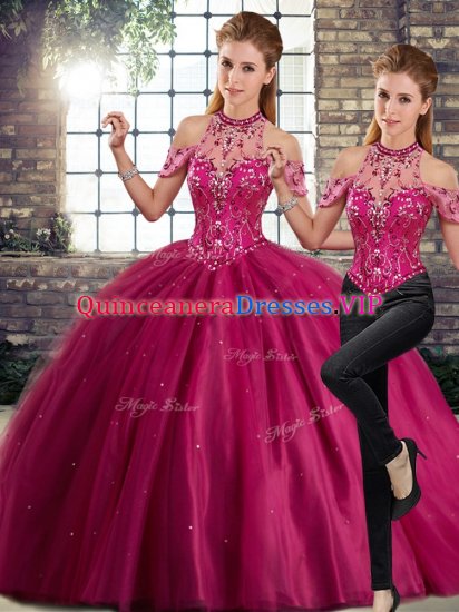 Suitable Fuchsia Two Pieces Beading Sweet 16 Dress Lace Up Tulle Sleeveless - Click Image to Close