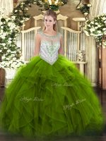 Green Tulle Zipper Quince Ball Gowns Sleeveless Floor Length Beading and Ruffles(SKU SJQDDT1310002-1BIZ)